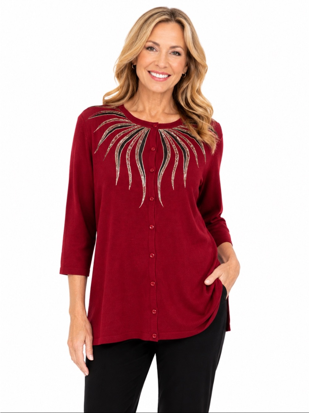 BOB MACKIE Wearable Art Burgundy Embellished Button-Front Cardigan Size 2X 💥🆕💥